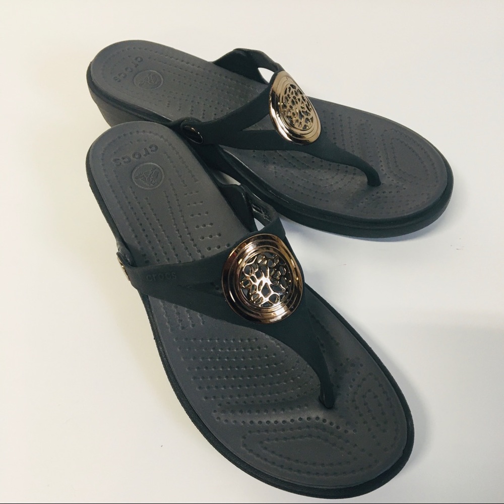 CROCS Black Thong Sandals w/Bronze Embellishment